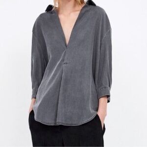 Zara Gray Chambray Lyocell Popover V-Neck Top, Size Small